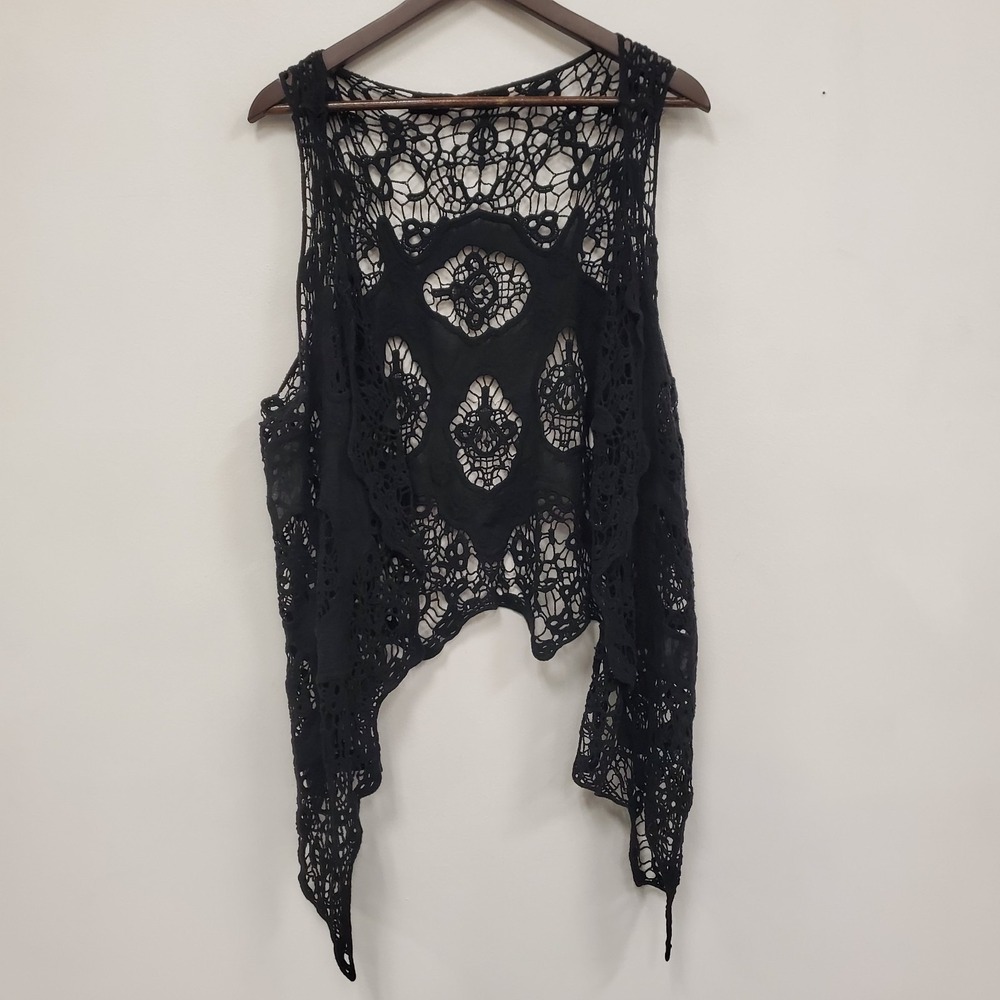 Jastie Womens Asymmetrical Open Crochet Sleeveless Fairy Grunge Top Size M Black